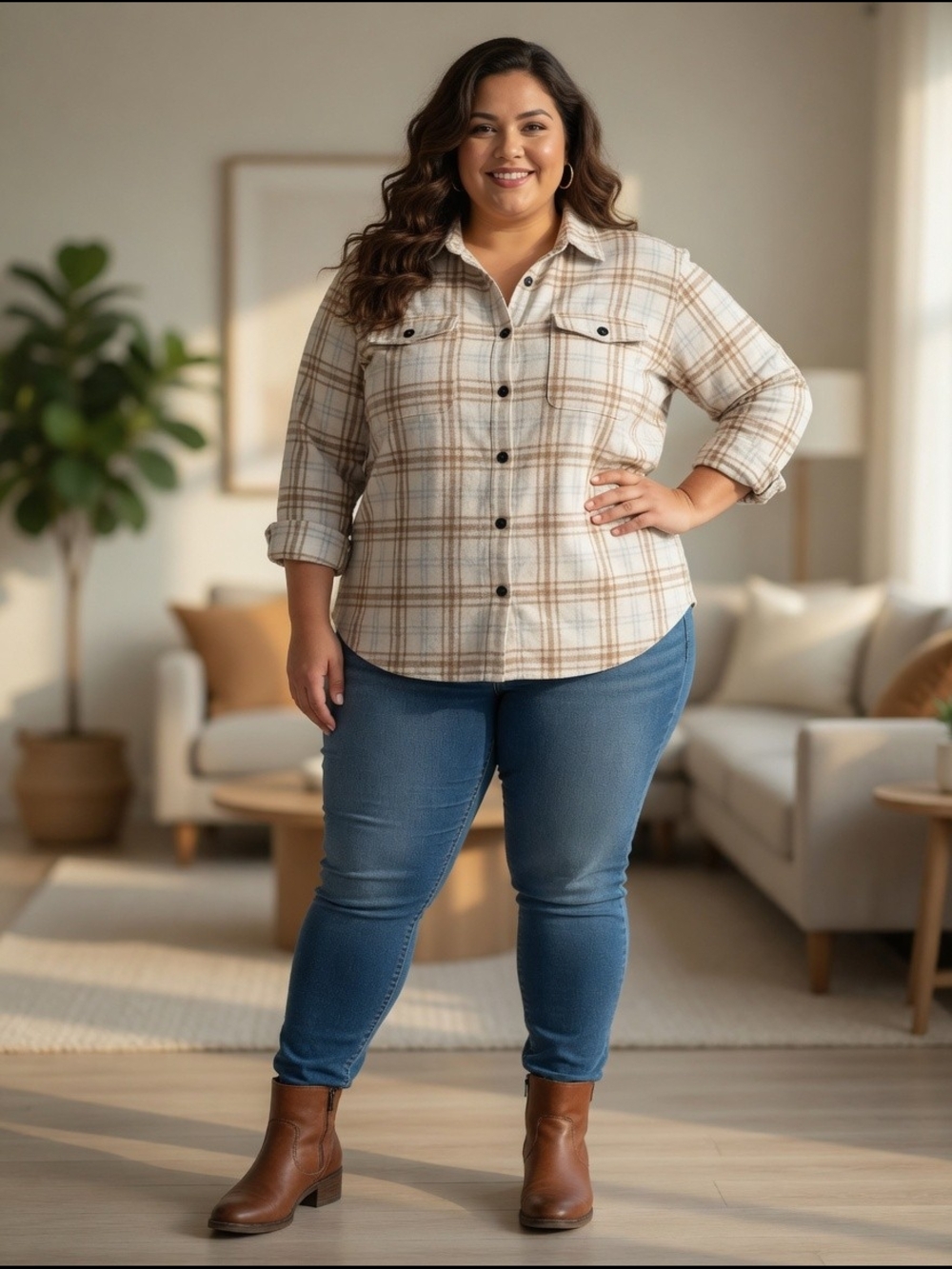 Plaid Button-Up Shirt in Cream and Tan